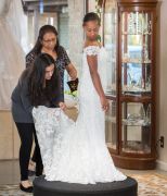 Consultant Crystal, who has been with Ferndales for 12 years, and the salon’s seamstress of 14 years, Yolanda, put final touches on a bride’s dress.