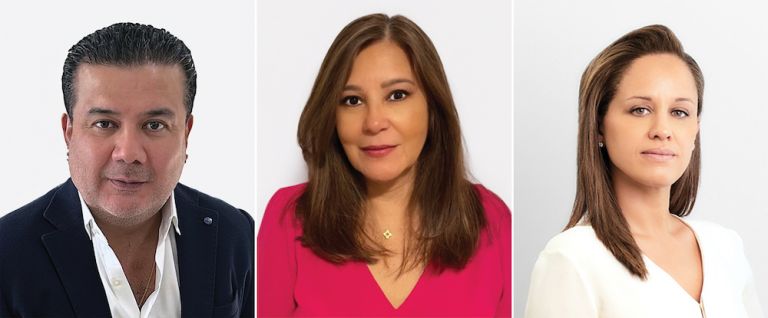 New to Allure Bridals  executive team:
Marco Montenegro, Chief Growth Officer; Maria Montenegro, Senior Sales Executive; and Raquel Cadourcy, Chief Marketing Officer.