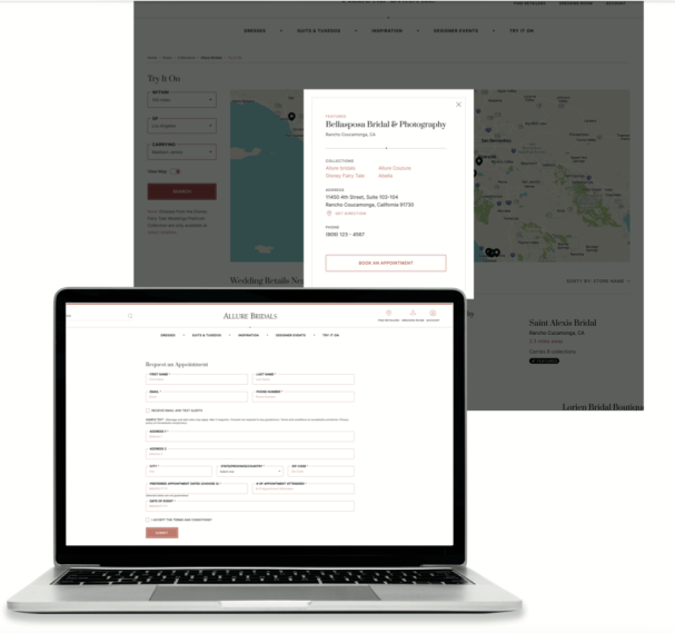 Allure Bridals’ newly redesigned web site provides an extensive lead management system for its partner stores. Allure Bridals’ newly redesigned web site provides an extensive lead management system for its partner stores.