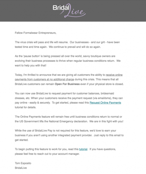 BridalLive is enabling all its customers the ability to receive online payments without charge.