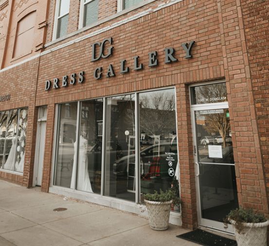 Dress Gallery's 1920s building in Historic Delano in Wichita, Kansas. Since 2008, the store has expanded twice, taking next-door storefronts each time.