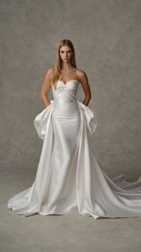 Deanna: Strapless radzimir gown featuring a sweetheart neckline, softly draped bodice, and fitted skirt. Finished with a detachable overskirt accented by floral detail at the back waist.