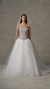 Divina: Strapless ball gown featuring a fully crystal-embellished corset bodice with a mini basque waist and full layered tulle skirt.
