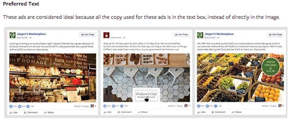 Facebook's advertising tutorial includes specific tips for effective use of text, graphics and layout when designing Facebook ads. In this tip, taken from its Ad Manager section, Facebook illustrates the best placement of text for display ads. Facebook © 2016