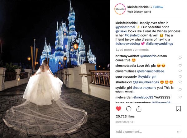 Liberal tagging of venues, designers and events, as well as an open request for followers to tag their friends, improves engagement. (Credit: @KleinfeldBridal on Instagram)