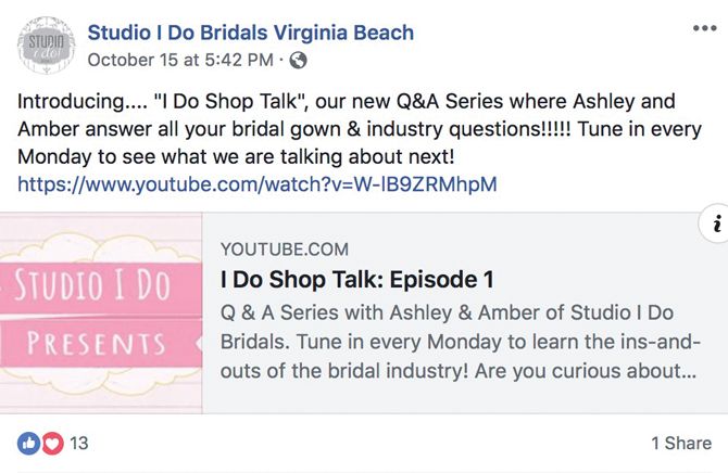 Creating helpful videos is an excellent way to capture followers’ attention. (Credit: @StudioIDoBridals on Facebook).