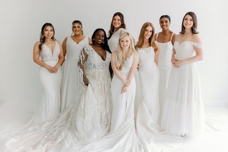 Be You participants and their gowns,  from left:
Danielle, Lillian West; Jessica, Sincerity; Rae, JA Signature; Kelsey, JA Adore; Grace, Justin Alexander; Jessie, JA Signature; Mikayla, Justin Alexander, and Shelby in JA Adore.