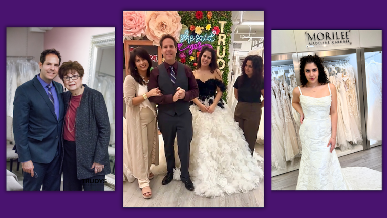 Steven Blechman with mother Trudy (left); the Blechman family with TrudyxMorilee PanCan Fundraiser; Liliana Blechman modeling a Morilee gown.