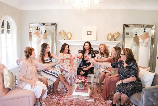Parlors have long been used for family occasions, including weddings, and Uptown Bridal & Boutique's sitting parlor allows a bride and her guests to gather in a cozy space before the beginning of the group's private appointment.