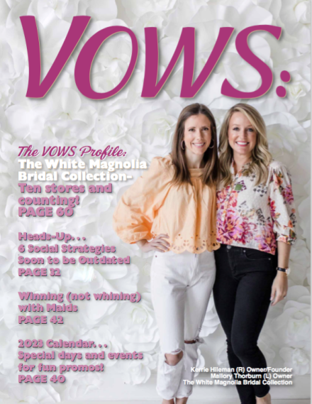 VOWS December 2022 cover featuring The White Magnolia Bridal stores.