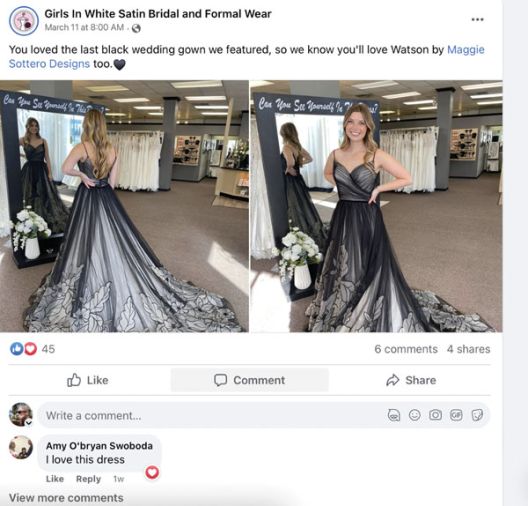 Girls in White Satin features tips from the owners and its social-media manager in gowns to show that it’s a small, family-owned business.
Hiring a social-media manager allows the owners of Girls in White Satin to work on their business.