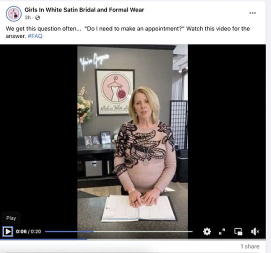 Girls in White Satin features tips from the owners and its social-media manager in gowns to show that it’s a small, family-owned business.
Hiring a social-media manager allows the owners of Girls in White Satin to work on their business.