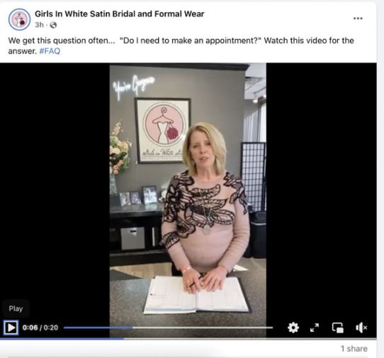 Girls in White Satin features tips from the owners and its social-media manager in gowns to show that it’s a small, family-owned business.
Hiring a social-media manager allows the owners of Girls in White Satin to work on their business.