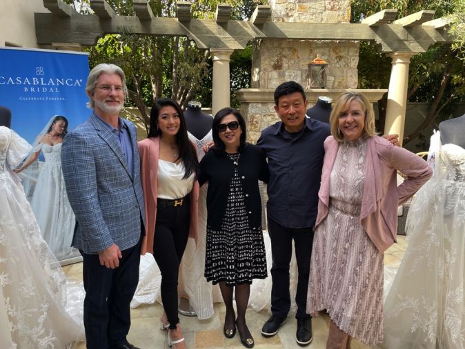 Casablanca Bridal staff from left:
Luke Tasky, west coast rep; Crystal Lu, executive assistant; Gloria Lu, founder; Kevin Lu, founder and CEO; Kerry Vail, global sales and customer relationship manager.